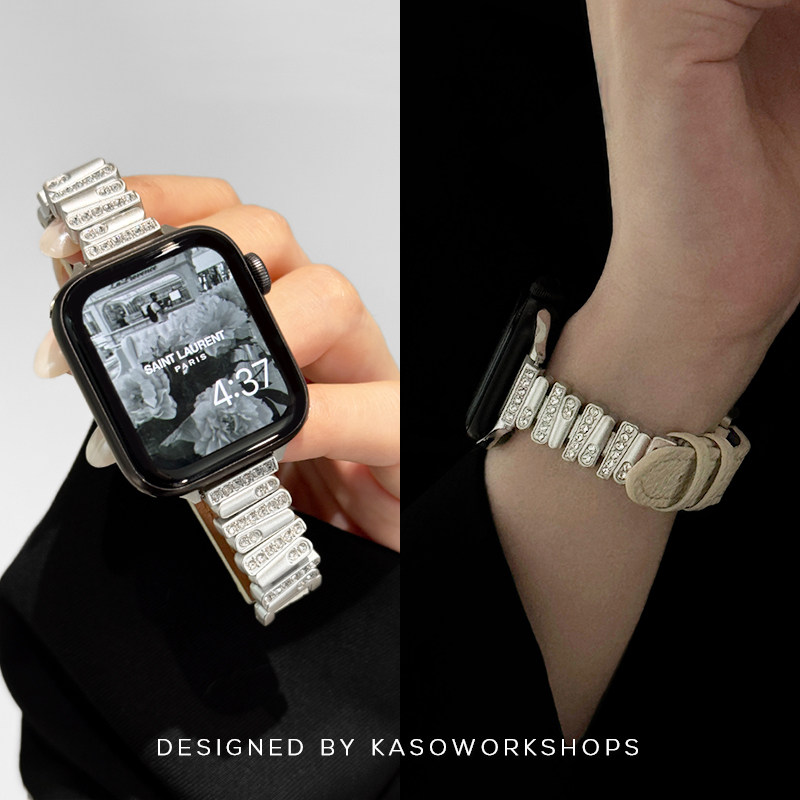 KASO新款细版爆闪镶钻适用iwatch11手表带s9真皮applewatch女款ultra苹果s8s7s6s5手表表带s4s3春夏se腕带s10