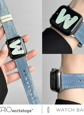 KASO适用s11苹果iwatch手表表带applewatchUltra扎染牛仔s9新款s8/7/6/5/4代SE夏帆布时尚个性s10手表带男女