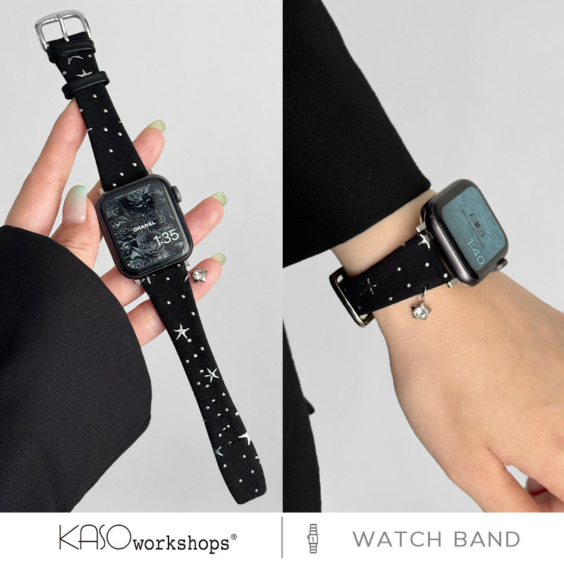KASO新款细款波点牛仔布皮革iwatch手表带s11适用applewatch女款ultra苹果s9表带小众腕带s10高级感se复古