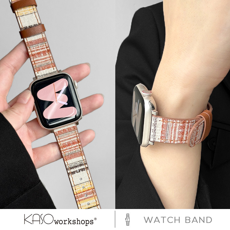 KASO适用iwatch11表带气质复古格纹真皮新款苹果手表表带applewatch10秋冬皮质高级感s8女拼色ULTRA小众41mm
