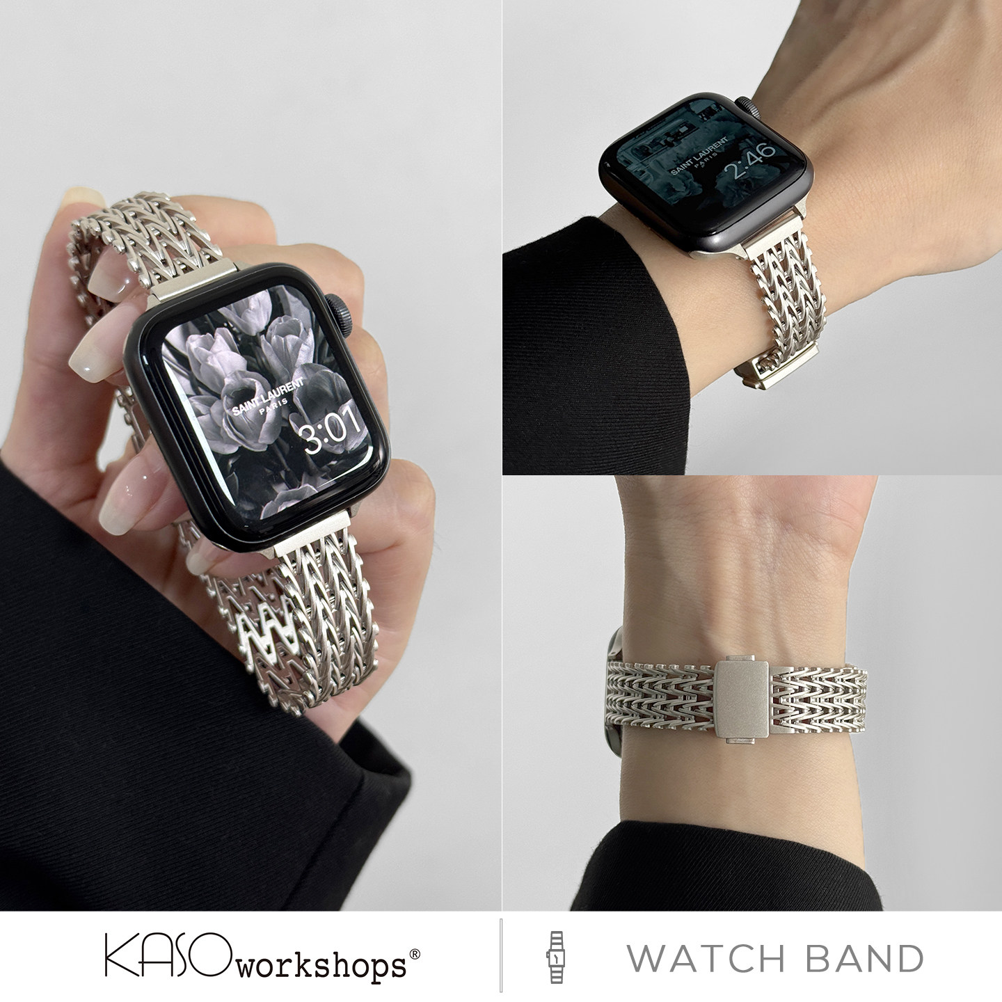 KASO适用iwatch表带苹果手表s10不锈钢磁吸applewatch高级感春夏季女款ULtra时尚简约金属细款小蛮腰9透气SE