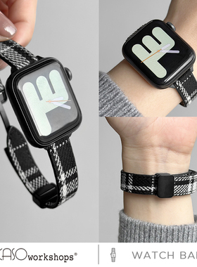 KASO适用applewatch9/8表带s9格纹毛呢iwatch7/6/5表带s8苹果se手表41mm45/44高级秋冬皮质ultra新款女拼色男