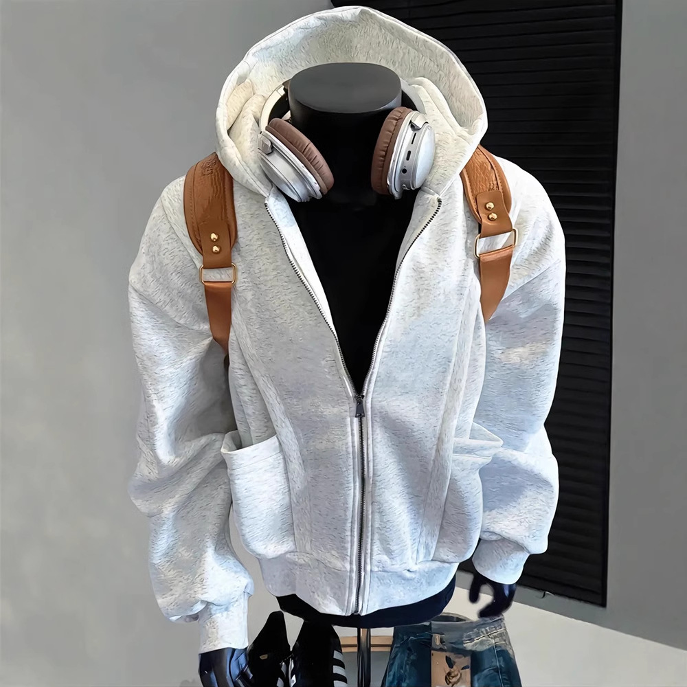 美式复古重磅硬挺短宽卫衣男款秋冬连帽潮牌cleanfit解构开衫