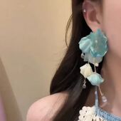 FEEINS森系度假风蓝色渐变花朵流苏耳环女超仙小众独特夸张绝美