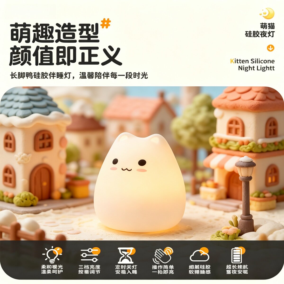 萌猫小夜灯硅胶灯儿童房伴睡护眼灯床头充电生日礼物拍拍灯毕业礼