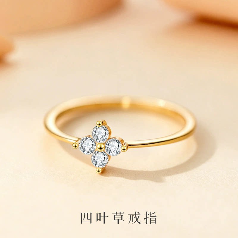 s925通体纯银四叶草锆石戒指小众图片