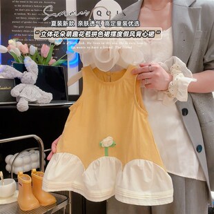 QL新款 女童甜美立体花朵拼色裙摆度假风花苞背心裙2025夏季 QL004