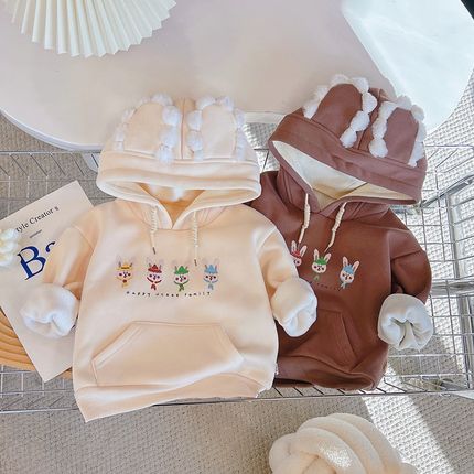 女童加绒连帽卫衣童装冬装新款加绒加厚保暖卫衣绒衫上衣卡通冬季