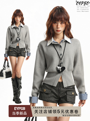 美式灰色polo领假两件长袖针织开衫女秋冬季格子修身短款毛衣上衣