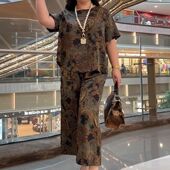 T恤两件套 妈妈夏装 老太太衣服新款 时尚 中老年人复古花色短袖 套装