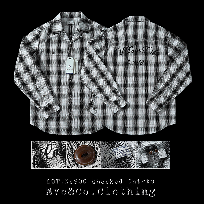 MVC匠织古巴领黑白格子长袖衬衫