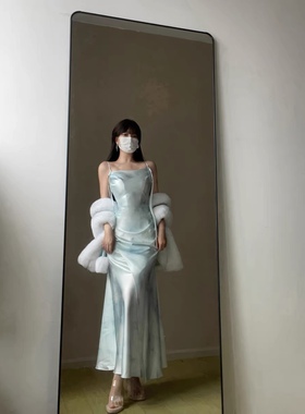 POSHE黑色高定如心春灵欲惜新备注蓝色缎面印花鱼尾连衣裙气质