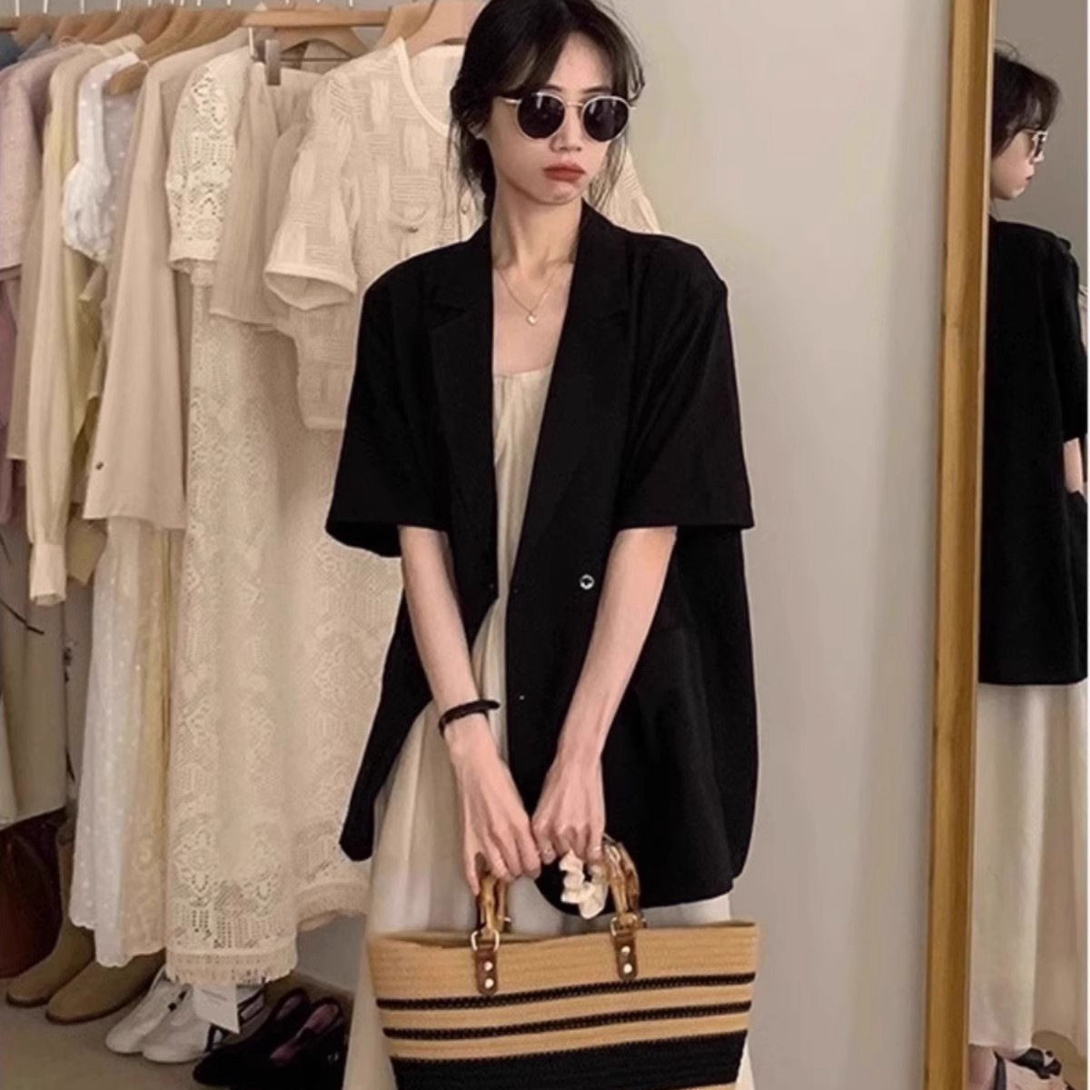 大码法式短袖西装外套女