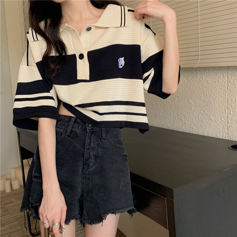 polo领针织衫T恤女夏季设计感小众条纹正肩宽松显瘦短款别致上衣
