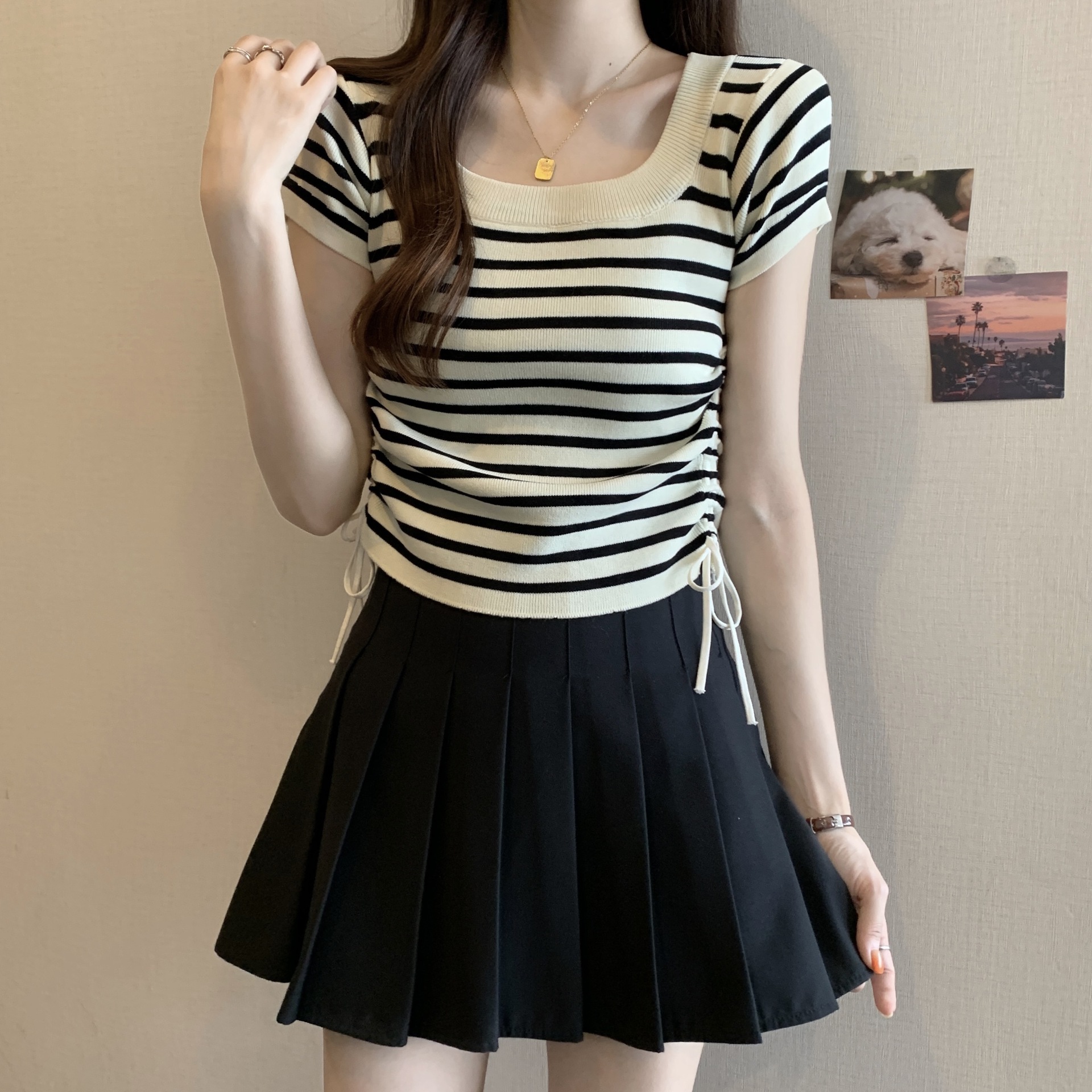 條紋短袖冰絲T恤女2025夏