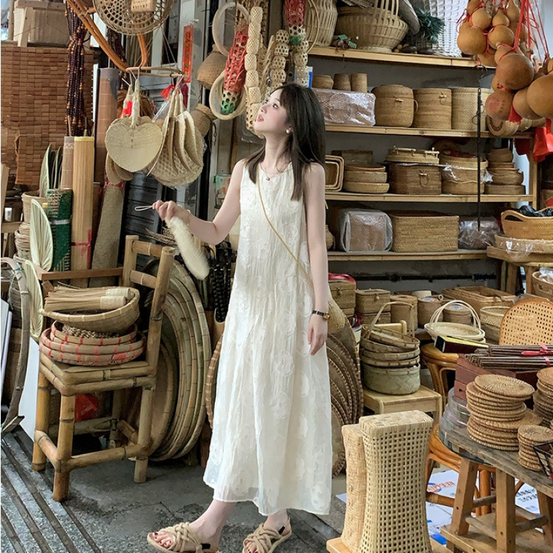 小个子甜美印花无袖中长款连衣裙女夏季新款减龄宽松显瘦背心裙子