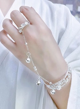 古风仙女手链戒指一体二合一女铃铛开口手镯仙气超仙学生半镯半链