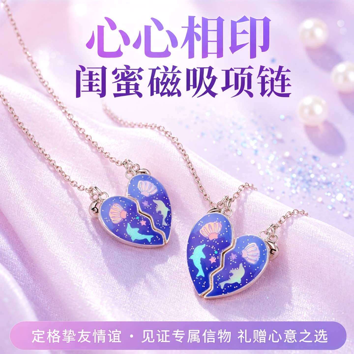 蓝色海豚一对闺蜜项链二人磁吸友谊专属儿童女孩一人一半吊坠挂件图片