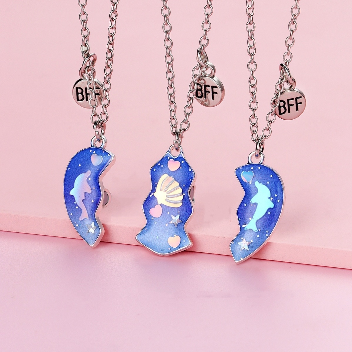 蓝色海洋海豚爱心拼接蝴蝶三人闺蜜项链磁吸儿童生日礼物姐妹挂饰