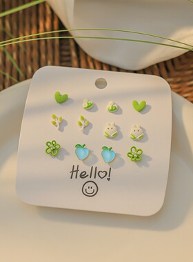 耳饰女夏天高级感小清新绿色花朵耳钉儿童可爱甜美高颜值耳环银针