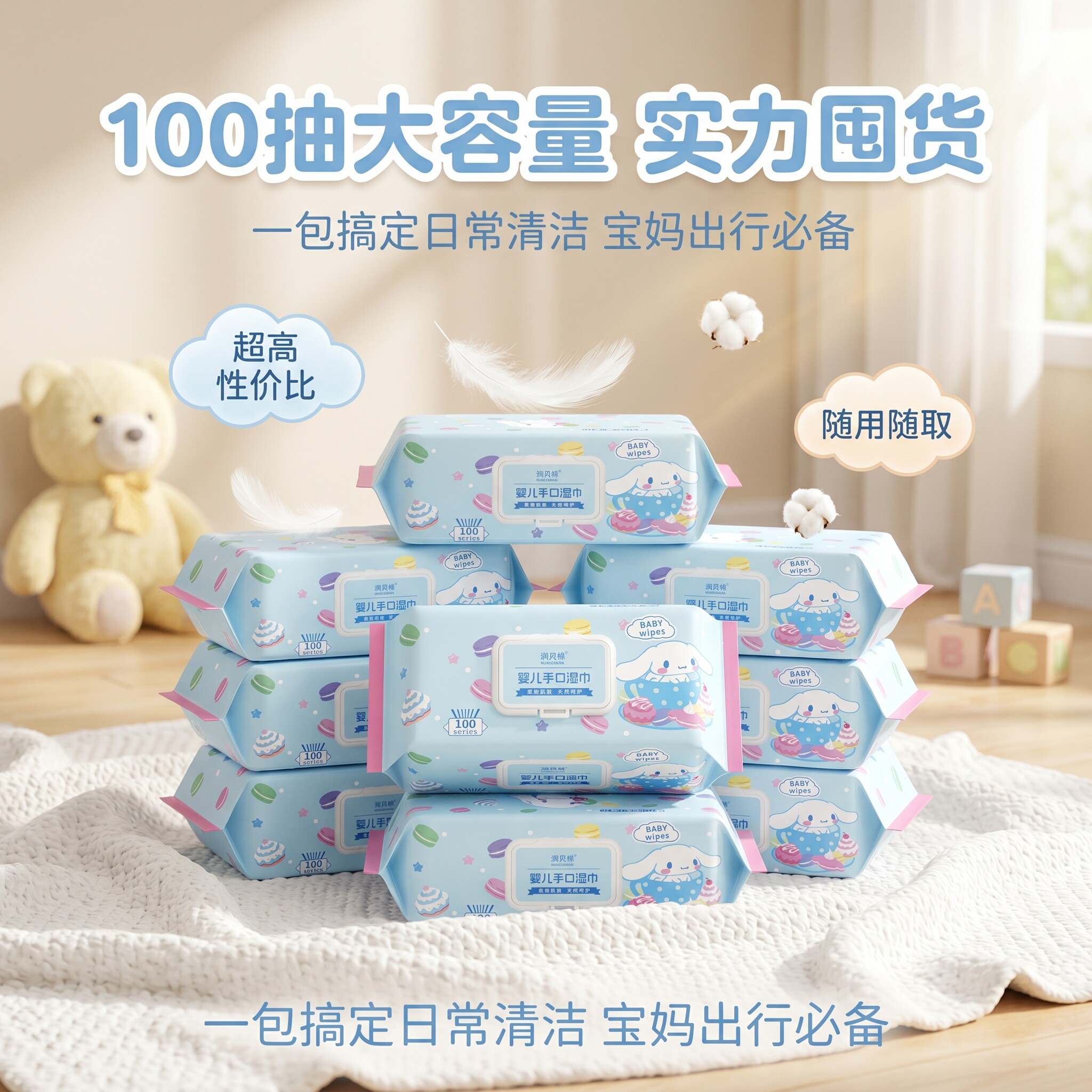 润贝棉大耳兔婴儿湿巾加厚100片