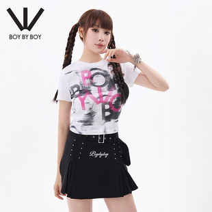 BOY BY BOY春季人像影像印花烫钻logo朋克针织短袖T恤W01005