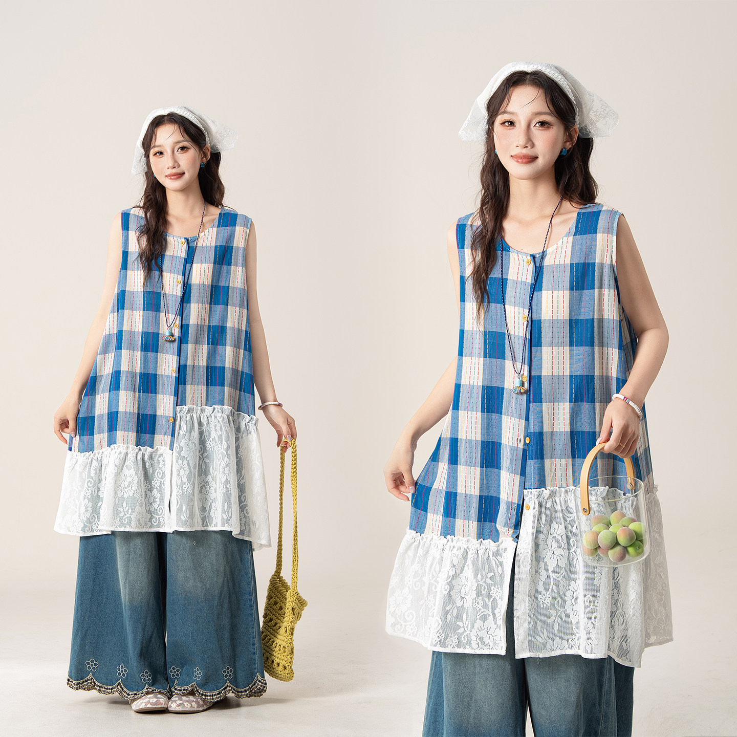【格纹轻漾】甜美蓝格背心半身裙套装女夏小个子宽松显瘦减龄穿搭 - 实物图