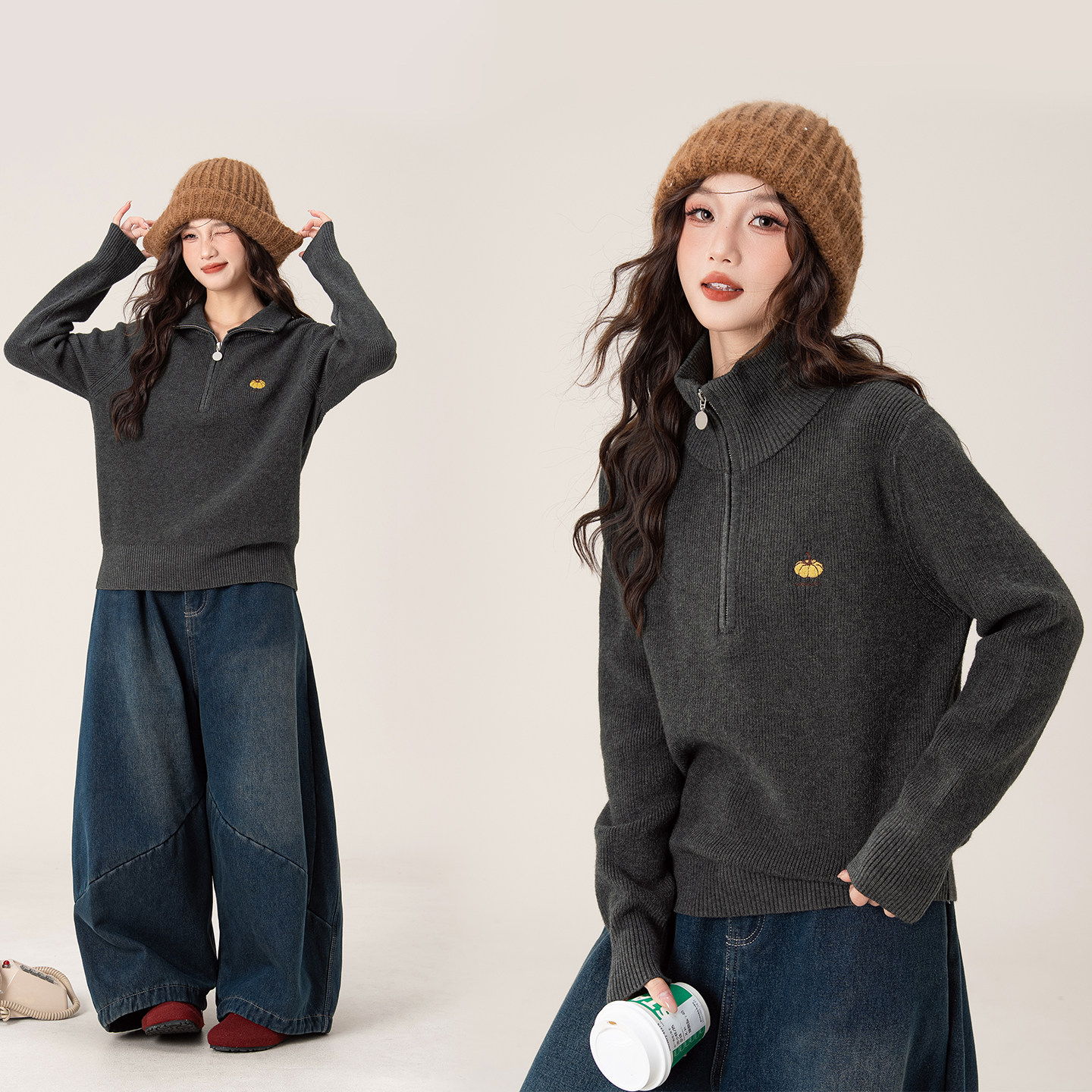 慵懒风半拉链高领毛衣女2025秋冬新款宽松百搭显瘦加厚保暖针织衫