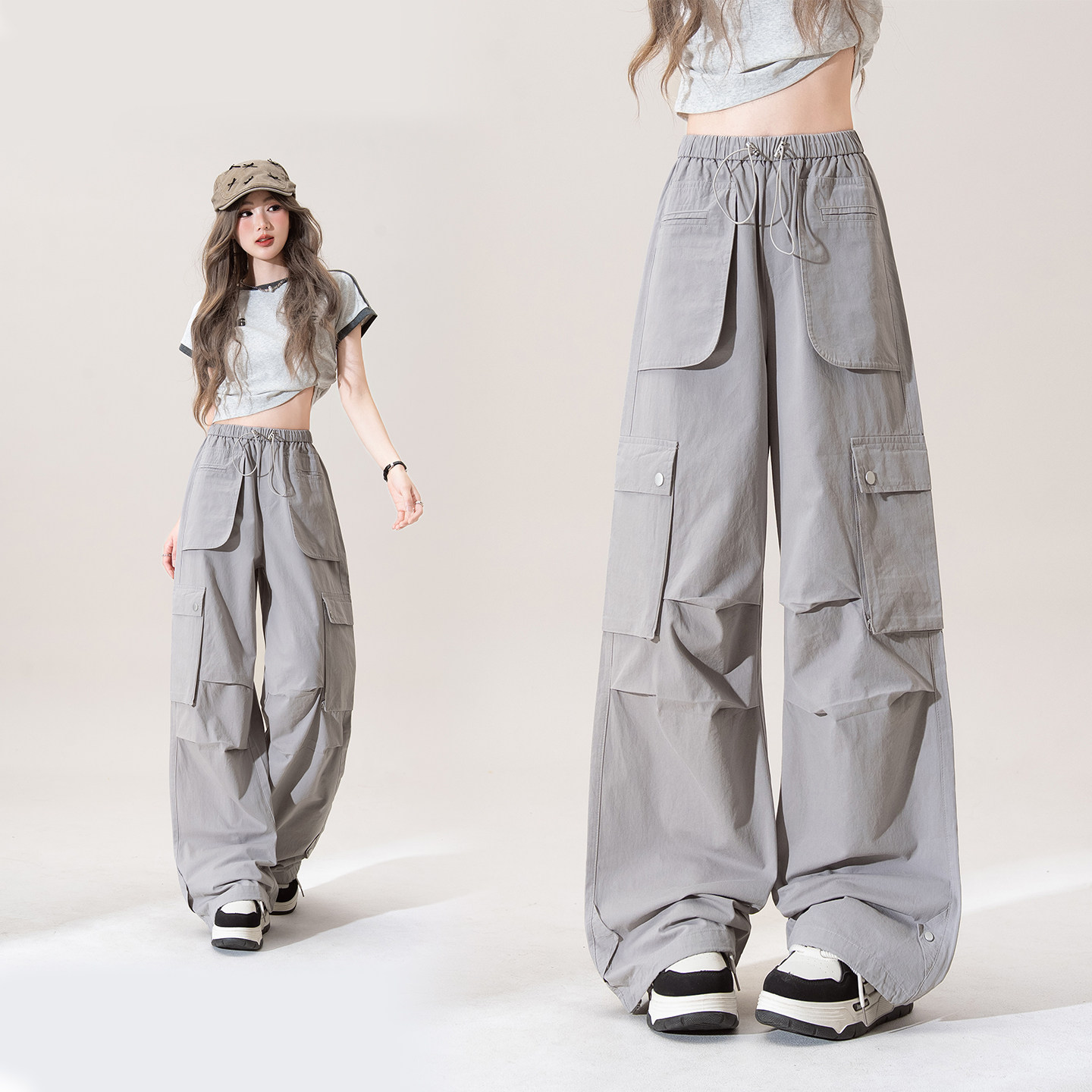 韩版复古多口袋工装裤女2026夏季新款高腰宽松显瘦垂感阔腿休闲裤
