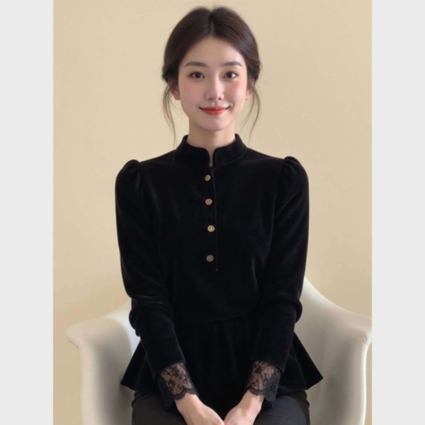 黑系钩花~蕾丝手袖拼接黑色丝绒衬衣女秋冬新款收腰显瘦内搭上衣,女装/女士精品,大码内搭,淘宝优惠券,粉丝福利购,淘宝优惠卷