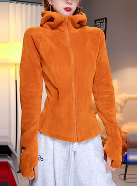 欧货大牌橙色柔绒质感连帽长袖2025秋冬新款修身保暖时尚上衣女款