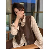 单排扣小个子 马夹圆领背心外套女装 复古pu皮马甲2026春秋新款 短款
