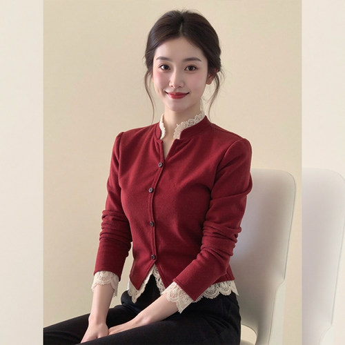 小香风红色蕾丝边上衣女装