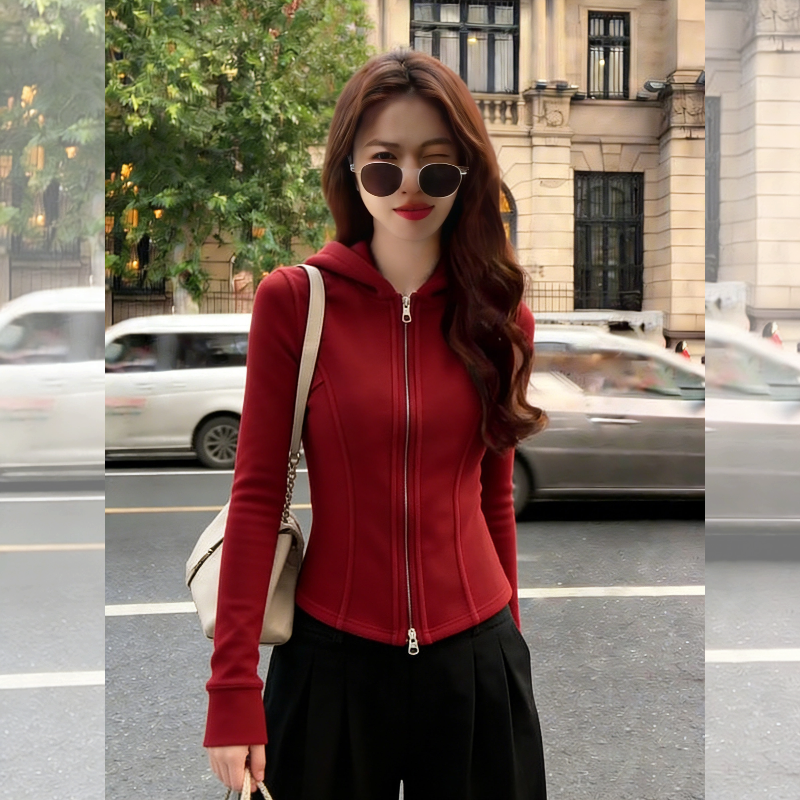 俏柔红妆~红色连帽拉链卫衣外套女秋冬运动修身收腰显瘦短款上衣