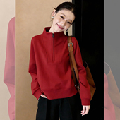 显瘦长袖 随性时髦 红色半拉链立领卫衣女秋冬宽松慵懒风时尚 上衣