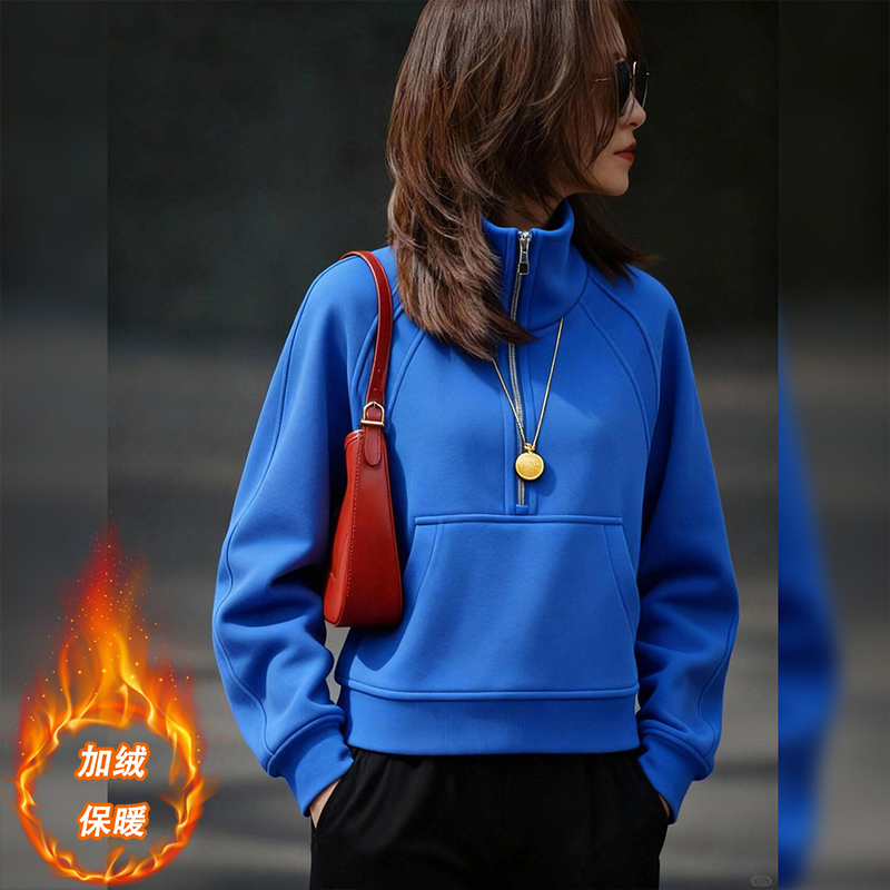 气质蓝色加绒卫衣显白圆领通勤保暖半拉链加厚长袖女2025冬季新款