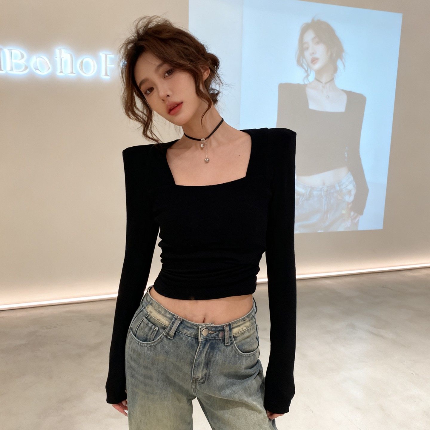 黑系收藏~黑色方领修身打底衫女春秋冬辣妹内搭掐腰显瘦短款上衣,女装/女士精品,大码内搭,淘宝优惠券,粉丝福利购,淘宝优惠卷