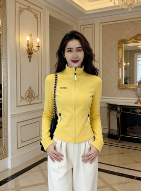 蜜糖暴击~设计感黄色拉链开衫短款外套女秋百搭休闲印花字母上衣