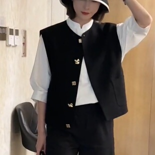 春秋新款高级感气质马甲外套女简约风纽扣轻薄宽松无袖叠穿上衣潮