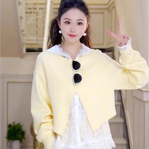 韩版时尚气质休闲运动套装2026春季新款假两件蕾丝卫衣阔腿裤女装
