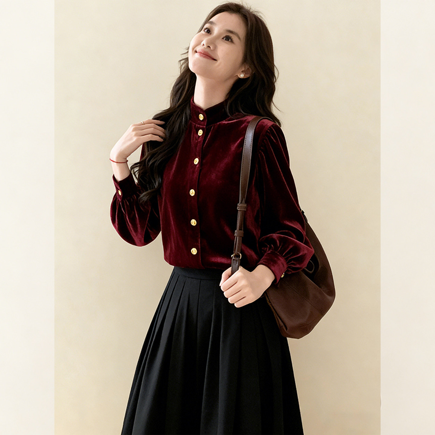 舒雅暗红~大红色立领丝绒衬衫女秋冬轻奢高级感百搭内搭长袖上衣,女装/女士精品,大码内搭,淘宝优惠券,粉丝福利购,淘宝优惠卷