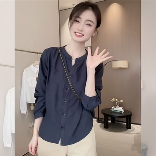 韩系休闲显瘦百搭棉麻v领衬衣小衫 女上衣2025早秋新款 女 衬衫 长袖