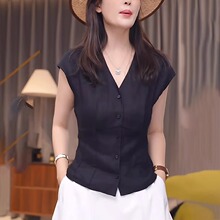 黑色V领衬衫女2025新款爆款高级感洋气减龄显瘦收腰显瘦亚麻上衣