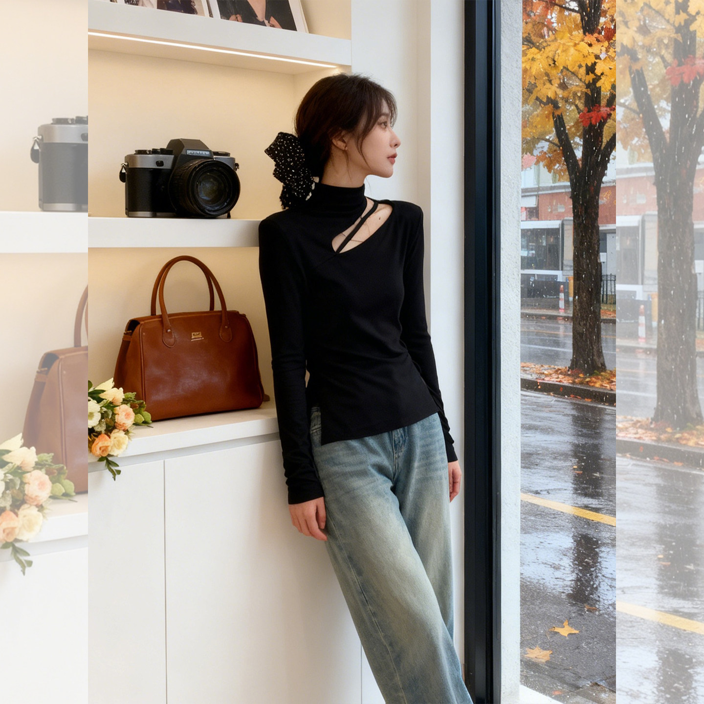 黑系韩女~镂空小心机半高领长袖T恤女秋冬设计感修身收腰内搭上衣,女装/女士精品,大码内搭,淘宝优惠券,粉丝福利购,淘宝优惠卷