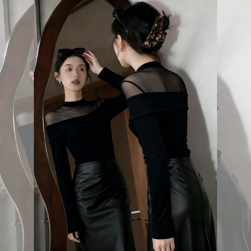 黑色夜晚~纯欲风辣妹网纱微透内搭打底衫女秋收腰显瘦性感长袖T恤,女装/女士精品,大码内搭,淘宝优惠券,粉丝福利购,淘宝优惠卷