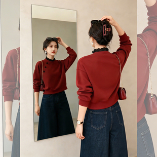 甜美花边~红色木耳领加绒卫衣女款2026新款新年喜庆宽松显瘦上衣