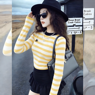 黄白撞色条纹长袖T恤女2026春秋