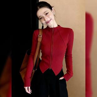 甜酷辣妹~红色立领拉链修身开衫上衣女韩系外套洋气短款内搭打底