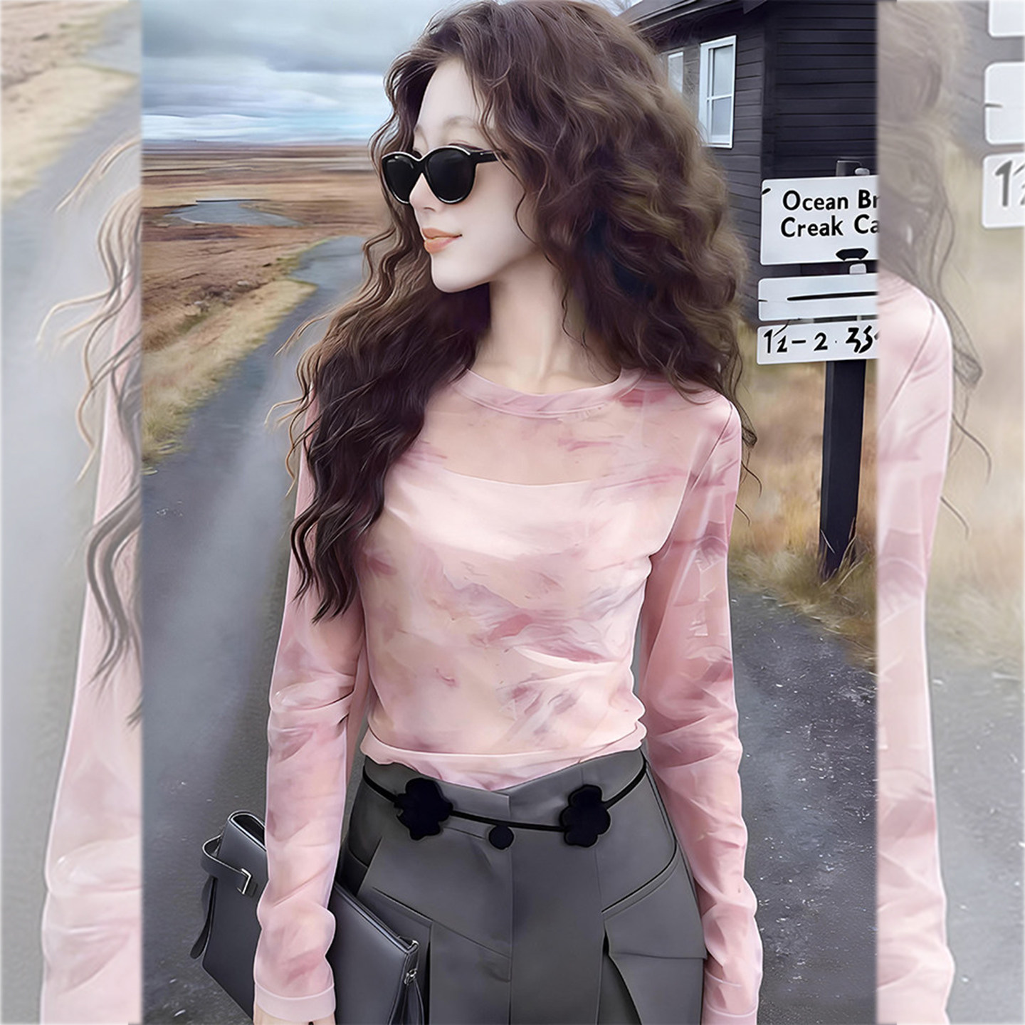 甜美仙气~粉色晕染网纱长袖T恤女图片
