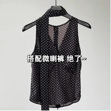 法式气质波点黑色无袖雪纺衫女夏季2025新款洋气减龄挂脖飘带上衣